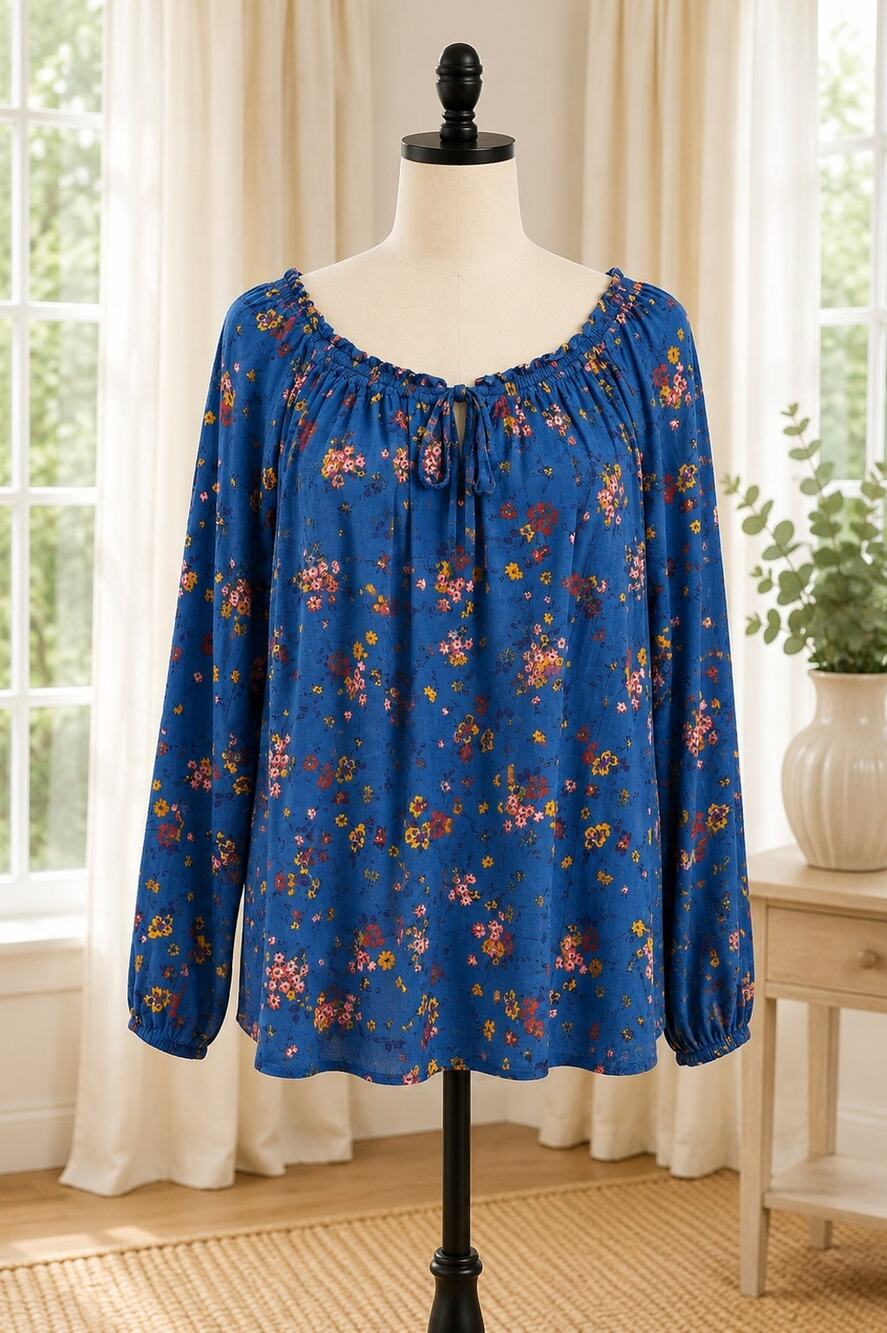 St. Johns Bay Vibrant Blue Pink Floral Peasant Blouse Cotton Blend Large